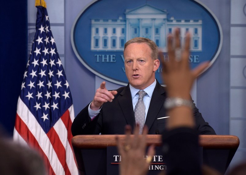 White House press secretary Sean Spicer speaks during the daily briefing at the White House in Washington, Monday, May 1, 2017. Spicer answered questions about the budget agreement, China and other topics.   (AP Photo/Susan Walsh)