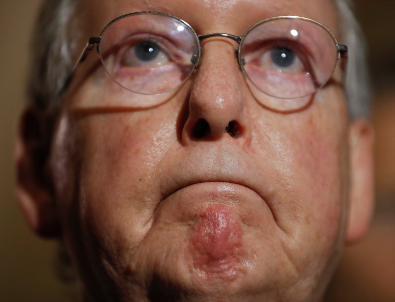 Senate Majority Leader Mitch McConnell of Ky., pauses while speaking during a media availability following a policy luncheon, Tuesday, May 2, 2017, on Capitol Hill in Washington. (AP Photo/Pablo Martinez Monsivais)