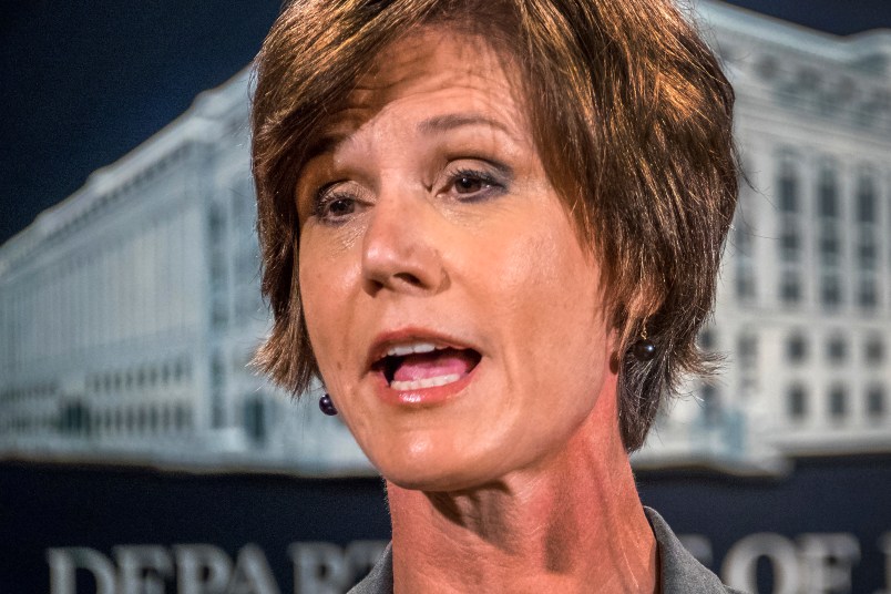 Deputy Attorney General Sally Yates announces the settlement with Volkswagen during a news conference at the Justice Department in Washington, Tuesday, June 28, 2016. Volkswagen will spend more than $15 billion to settle consumer lawsuits and government allegations that it cheated on emissions tests in what lawyers are calling the largest auto-related class-action settlement in U.S. history. (AP Photo/J. David Ake)
