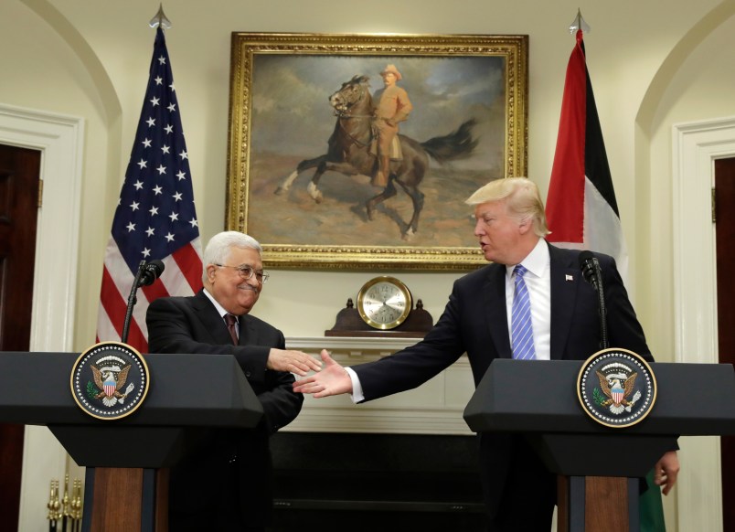 President Donald Trump meets with Palestinian Authority President Mahmoud Abbas at the White House, Wednesday, May 3, 2017, in Washington. (AP Photo/Evan Vucci)