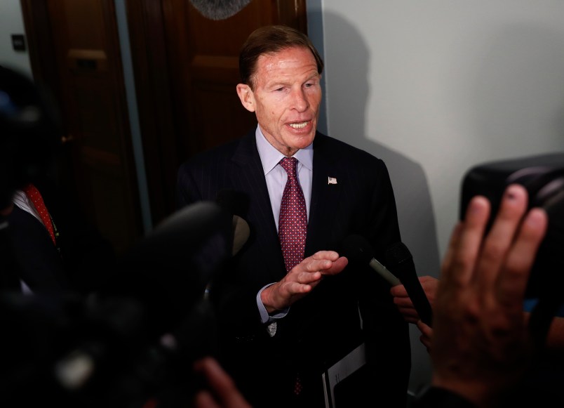 Judiciary Committee member Sen. Richard Blumenthal, D-Conn., talks to media on Capitol Hill in Washington, Wednesday, May 3, 2017, after FBI Director James Comey testified before the Senate Judiciary Committee hearing: "Oversight of the Federal Bureau of Investigation." (AP Photo/Carolyn Kaster)