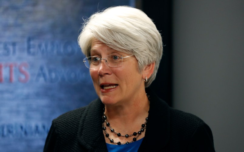 Jane Meyer, former senior associate athletic director at the University of Iowa, speaks during a news conference, Thursday, May 4, 2017, in Des Moines, Iowa. A jury on Thursday awarded more than $1.4 million to Meyer ruling that the university had discriminated against her because of her gender and sexual orientation. (AP Photo/Charlie Neibergall)