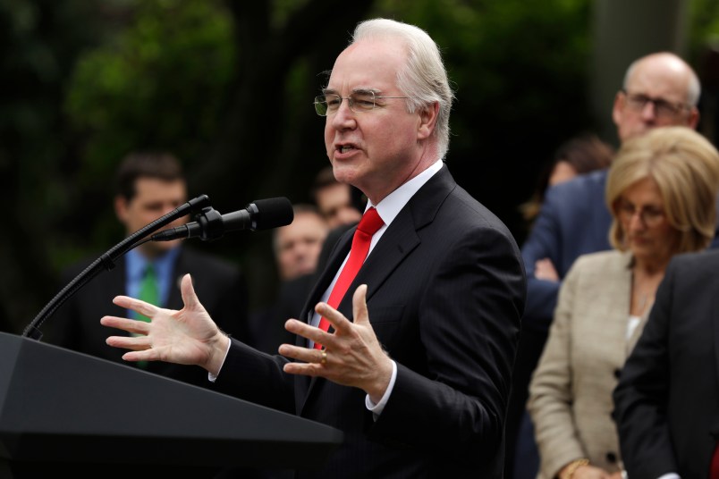 Health and Human Services Secretary Tom Price speaks in the Rose Garden of the White House in Washington, Thursday, May 4, 2017, after the House pushed through a health care bill. (AP Photo/Evan Vucci)