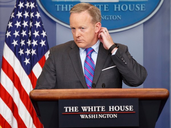 White House press secretary Sean Spicer listens to a question during the daily press briefing, Monday, May 8, 2017, in Washington. (AP Photo/Evan Vucci)