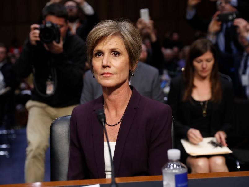 Former acting Attorney General Sally Yates and former National Intelligence Director James Clapper testifying on Capitol Hill in Washington, Monday, May 8, 2017, before the Senate Judiciary subcommittee on Crime and Terrorism hearing: "Russian Interference in the 2016 United States Election." (AP Photo/Pablo Martinez Monsivais)
