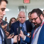 UNITED STATES - MAY 9: Sen. John McCain, R-Ariz., talks with reporters before the Senate Policy Luncheons in the Capitol on May 9, 2017. (Photo By Tom Williams/CQ Roll Call)