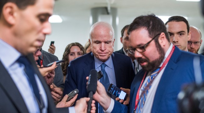 UNITED STATES - MAY 9: Sen. John McCain, R-Ariz., talks with reporters before the Senate Policy Luncheons in the Capitol on May 9, 2017. (Photo By Tom Williams/CQ Roll Call)