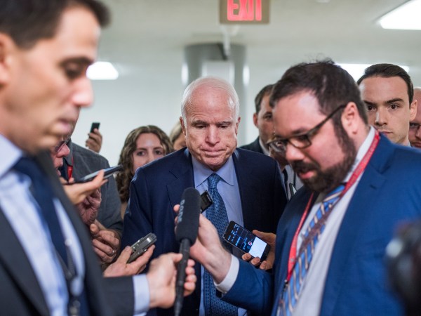 UNITED STATES - MAY 9: Sen. John McCain, R-Ariz., talks with reporters before the Senate Policy Luncheons in the Capitol on May 9, 2017. (Photo By Tom Williams/CQ Roll Call)