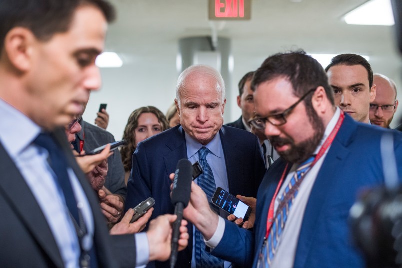 UNITED STATES - MAY 9: Sen. John McCain, R-Ariz., talks with reporters before the Senate Policy Luncheons in the Capitol on May 9, 2017. (Photo By Tom Williams/CQ Roll Call)