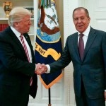 President Donald Trump shakes hands with Russian Russian Foreign Minister Sergey Lavrov in the White House in Washington, Wednesday, May 10, 2017.President Donald Trump on Wednesday welcomed Vladimir Putin's top diplomat to the White House for Trump’s highest level face-to-face contact with a Russian government official since he took office in January. (Russian Foreign Ministry Photo via AP)