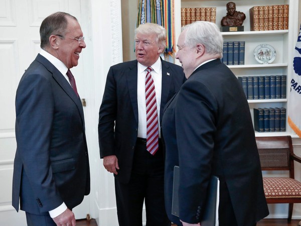 President Donald Trump meets with Russian Russian Foreign Minister Sergey Lavrov, left, in the White House in Washington, Wednesday, May 10, 2017. At right is Russian Ambassador to USA Sergei Kislyak. President Donald Trump on Wednesday welcomed Vladimir Putin's top diplomat to the White House for Trump’s highest level face-to-face contact with a Russian government official since he took office in January. (Russian Foreign Ministry Photo via AP)