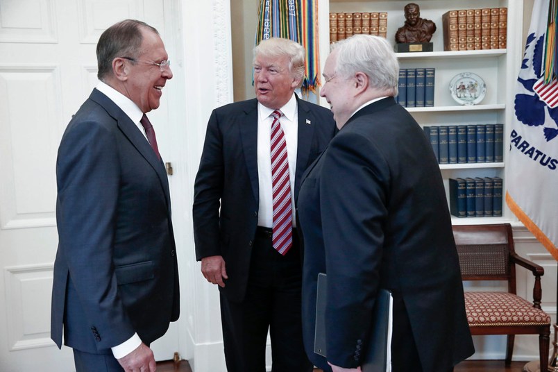President Donald Trump meets with Russian Russian Foreign Minister Sergey Lavrov, left, in the White House in Washington, Wednesday, May 10, 2017. At right is Russian Ambassador to USA Sergei Kislyak. President Donald Trump on Wednesday welcomed Vladimir Putin's top diplomat to the White House for Trump’s highest level face-to-face contact with a Russian government official since he took office in January. (Russian Foreign Ministry Photo via AP)