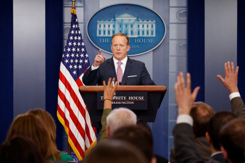 White House press secretary Sean Spicer speaks during the daily press briefing, Friday, May 12, 2017, in Washington. (AP Photo/Evan Vucci)
