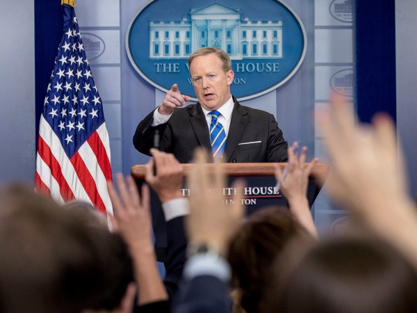 White House press secretary Sean Spicer calls on a member of the media during the daily press briefing at the White House, Monday, May 15, 2017, in Washington. (AP Photo/Andrew Harnik)