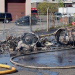 A fire fighter stands near parts of the plane. A plane crashes along Kero Rd. just south of Teterboro Airport Monday afternoon.   Monday May 15, 2017. Carlstadt, NJ, USA  (Aristide Economopoulos | NJ Advance Media for NJ.com)