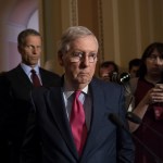 Senate Majority Leader Mitch McConnell, R-Ky., joined at left by Sen. John Thune, R-S.D., reacts to questions from reporters about President Donald Trump reportedly sharing classified information with two Russian diplomats during a meeting in the Oval Office, at the Capitol in Washington, Tuesday, May 16, 2017. (AP Photo/J. Scott Applewhite)