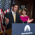 Speaker of the House Paul Ryan, R-Wis., with Rep. Cathy McMorris Rodgers, R-Wash., and the GOP leadership, takes questions from reporters at Republican National Committee Headquarters in Washington, Wednesday, May 17, 2017. Ryan said Congress "can't deal with speculation and innuendo" and must gather all relevant information before "rushing to judgment" on President Donald Trump's firing of FBI Director James Comey.   (AP Photo/J. Scott Applewhite)