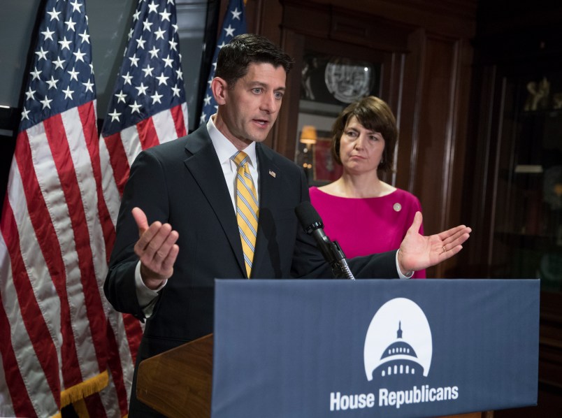 Speaker of the House Paul Ryan, R-Wis., with Rep. Cathy McMorris Rodgers, R-Wash., and the GOP leadership, takes questions from reporters at Republican National Committee Headquarters in Washington, Wednesday, May 17, 2017. Ryan said Congress "can't deal with speculation and innuendo" and must gather all relevant information before "rushing to judgment" on President Donald Trump's firing of FBI Director James Comey.   (AP Photo/J. Scott Applewhite)