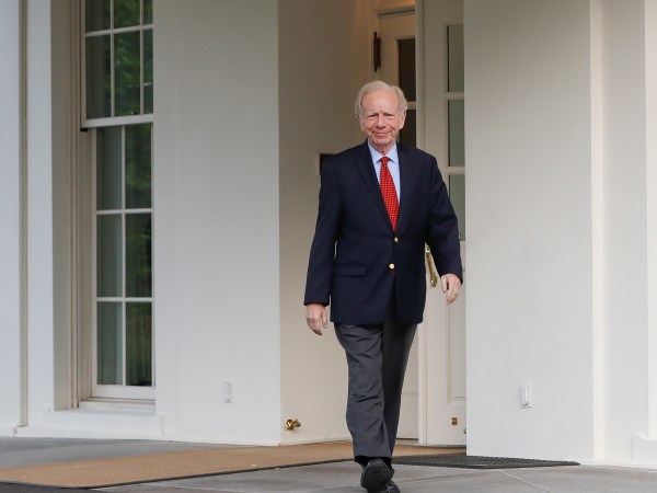 Former Connecticut Sen. Joe Lieberman leaves the West Wing of the White House in Washington, Wednesday, May 17, 2017. The White House says President Donald Trump will be interviewing four potential candidates to lead the FBI. (AP Photo/Pablo Martinez Monsivais)