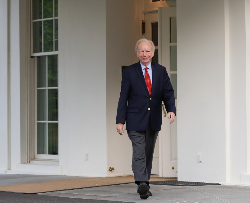 Former Connecticut Sen. Joe Lieberman leaves the West Wing of the White House in Washington, Wednesday, May 17, 2017. The White House says President Donald Trump will be interviewing four potential candidates to lead the FBI. (AP Photo/Pablo Martinez Monsivais)