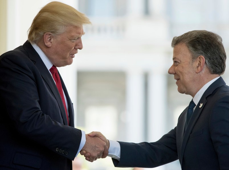 President Donald Trump greets Colombian President Juan Manuel Santos as he arrives at the the White House, Thursday, May, 18th, 2017, in Washington. (AP Photo/Andrew Harnik)