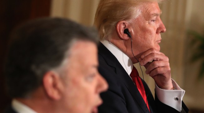President Donald Trump accompanied by Colombian President Juan Manuel Santos, speaks during a joint news conference in the East Room of the White House, Thursday, May, 18th, 2017, in Washington. (AP Photo/Andrew Harnik)