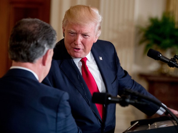 President Donald Trump shakes hands with Colombian President Juan Manuel Santos during a joint news conference in the East Room of the White House, Thursday, May, 18th, 2017, in Washington. (AP Photo/Andrew Harnik)