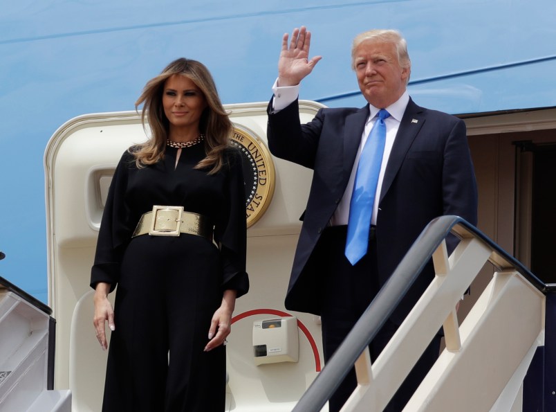 President Donald Trump and first lady Melania Trump arrive at the Royal Terminal of King Khalid International Airport, Saturday, May 20, 2017, in Riyadh. (AP Photo/Evan Vucci)