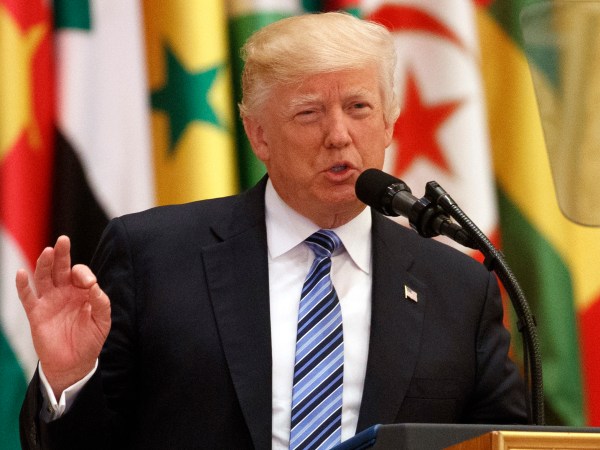 President Donald Trump delivers a speech to the Arab Islamic American Summit, at the King Abdulaziz Conference Center, Sunday, May 21, 2017, in Riyadh. (AP Photo/Evan Vucci)