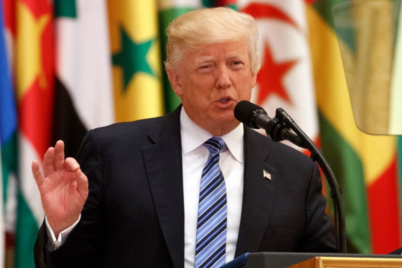 President Donald Trump delivers a speech to the Arab Islamic American Summit, at the King Abdulaziz Conference Center, Sunday, May 21, 2017, in Riyadh. (AP Photo/Evan Vucci)
