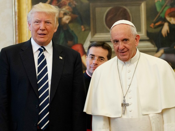 President Donald Trump stands with Pope Francis during a meeting, Wednesday, May 24, 2017, at the Vatican. (AP Photo/Evan Vucci)