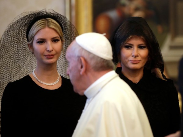 Pope Francis walks past Ivanka Trump, left, and First Lady Melania Trump on the occasion of the private audience with President Donald Trump, at the Vatican, Wednesday, May 24, 2017. (AP Photo/Alessandra Tarantino, Pool)