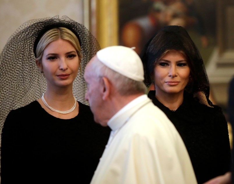 Pope Francis walks past Ivanka Trump, left, and First Lady Melania Trump on the occasion of the private audience with President Donald Trump, at the Vatican, Wednesday, May 24, 2017. (AP Photo/Alessandra Tarantino, Pool)