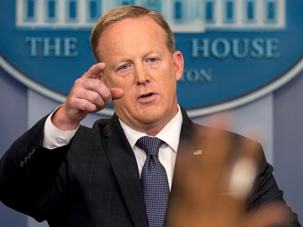 White House press secretary Sean Spicer calls on a member of the media during the daily press briefing at the White House, Tuesday, May 30, 2017, in Washington. Spicer discussed ongoing possible connections to Jared Kushner and Russians as well as the president's international trip. (AP Photo/Andrew Harnik)