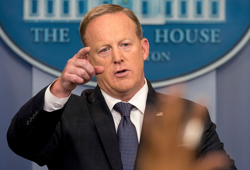 White House press secretary Sean Spicer calls on a member of the media during the daily press briefing at the White House, Tuesday, May 30, 2017, in Washington. Spicer discussed ongoing possible connections to Jared Kushner and Russians as well as the president's international trip. (AP Photo/Andrew Harnik)