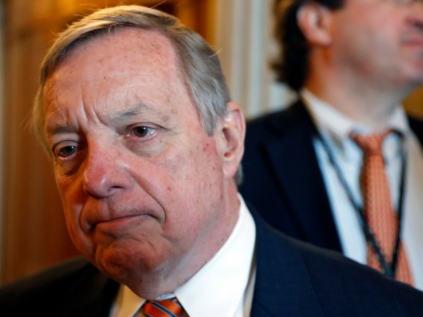 Sen. Dick Durbin, D-Ill., listens to a reporter's question before a Democratic policy luncheon, on Capitol Hill, Tuesday, April 25, 2017 in Washington. (AP Photo/Alex Brandon)