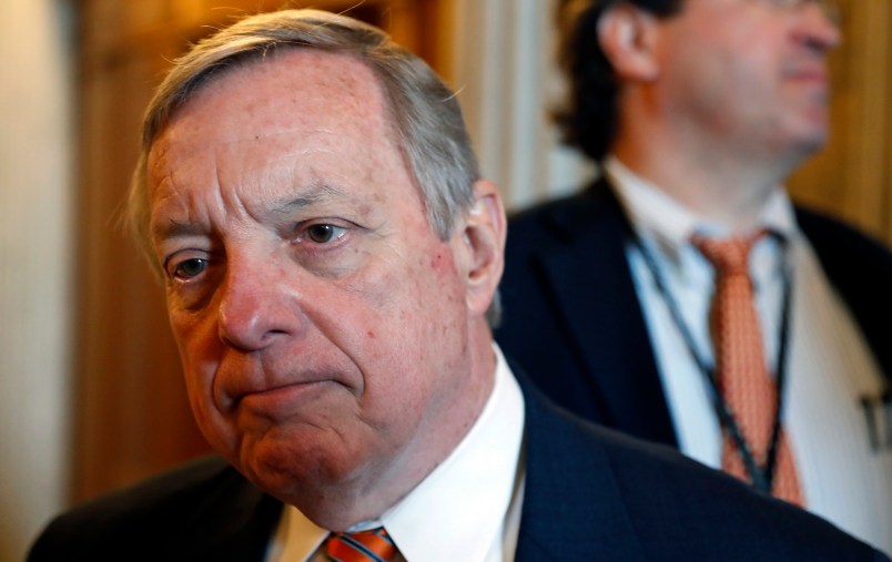Sen. Dick Durbin, D-Ill., listens to a reporter's question before a Democratic policy luncheon, on Capitol Hill, Tuesday, April 25, 2017 in Washington. (AP Photo/Alex Brandon)