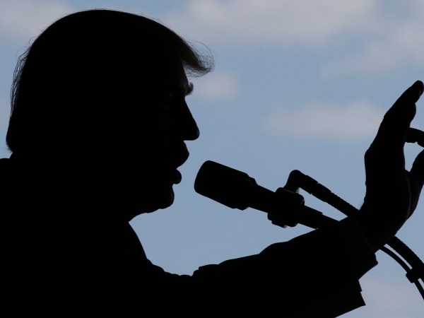 President Donald Trump addresses U.S. military troops and their families at the Sigonella Naval Air Station, in Sigonella, Italy, Saturday, May 27, 2017. (AP Photo/Luca Bruno)