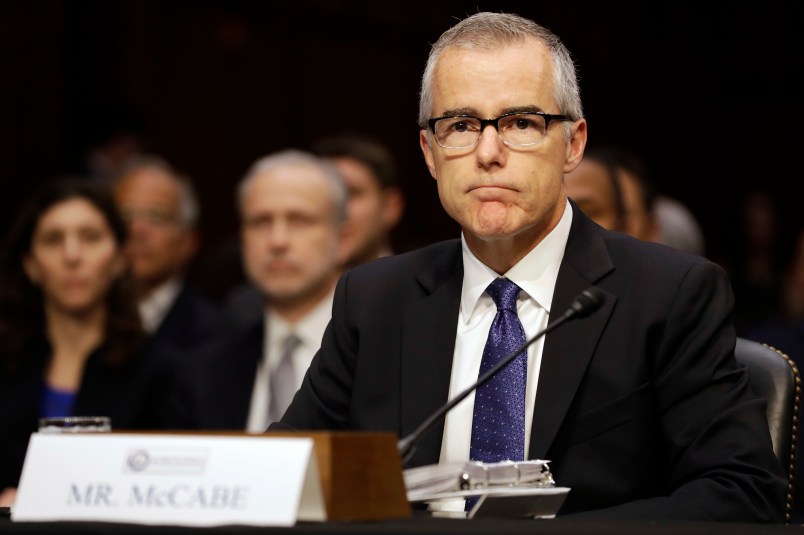 Acting FBI Director Andrew McCabe, attends a Senate Intelligence Committee hearing, on Capitol Hill in Washington, Thursday, May 11, 2017. It is an annual hearing about the major threats facing the U.S., but former FBI Director Jim Comey's sudden firing is certain to be a focus of questions. (AP Photo/Jacquelyn Martin)