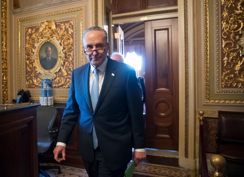 Senate Minority Leader Chuck Schumer, D-N.Y., emerges from a closed-door Democrat strategy session on the morning after the firing of FBI Director James Comey by President Donald Trump, at the Capitol in Washington, Wednesday, May 10, 2017. The abrupt firing of Comey threw into question the future of the FBI's investigation into the Trump campaign's possible connections to Russia and immediately raised suspicions of an underhanded effort to stymie a probe that has shadowed the administration from the outset. (AP Photo/J. Scott Applewhite)