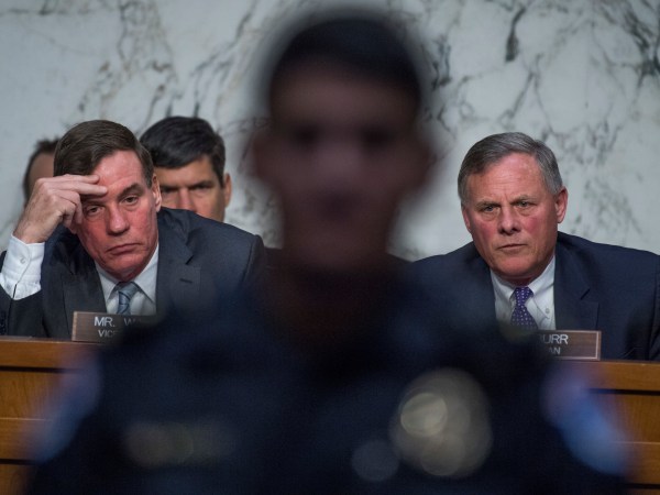 UNITED STATES - MAY 11: Chairman Richard Burr, R-N.C., right, and Ranking Member Mark Warner, D-Va., conduct  a Senate (Select) Intelligence Committee hearing in Hart Building titled "World Wide Threats" on May 11, 2017. (Photo By Tom Williams/CQ Roll Call)