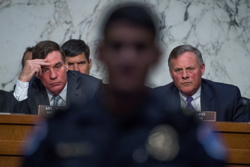 UNITED STATES - MAY 11: Chairman Richard Burr, R-N.C., right, and Ranking Member Mark Warner, D-Va., conduct  a Senate (Select) Intelligence Committee hearing in Hart Building titled "World Wide Threats" on May 11, 2017. (Photo By Tom Williams/CQ Roll Call)