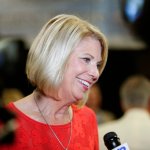 Republican Omaha mayor Jean Stothert smiles during a television interview after defeating Democratic mayoral candidate Heath Mello in the contest for mayor, in Omaha, Neb., Tuesday, May 9, 2017. The race has drawn national attention as Democrats seek new energy given huge Republican gains in local, state and federal offices across the country. (AP Photo/Nati Harnik)