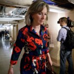 Rep. Barbara Comstock of Virginia, whose constituents live in the northern Virginia suburbs outside Washington, heads to a closed-door strategy session with Speaker of the House Paul Ryan, R-Wis., and the leadership as they try to rebuild unity within the Republican Conference, at the Capitol, in Washington, Tuesday, March 28, 2017.  Rep. Comstock is a key moderate Republican who intended to vote “no” on the Republican health care bill that was derailed last week. (AP Photo/J. Scott Applewhite)