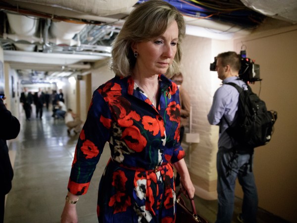 Rep. Barbara Comstock of Virginia, whose constituents live in the northern Virginia suburbs outside Washington, heads to a closed-door strategy session with Speaker of the House Paul Ryan, R-Wis., and the leadership as they try to rebuild unity within the Republican Conference, at the Capitol, in Washington, Tuesday, March 28, 2017.  Rep. Comstock is a key moderate Republican who intended to vote “no” on the Republican health care bill that was derailed last week. (AP Photo/J. Scott Applewhite)