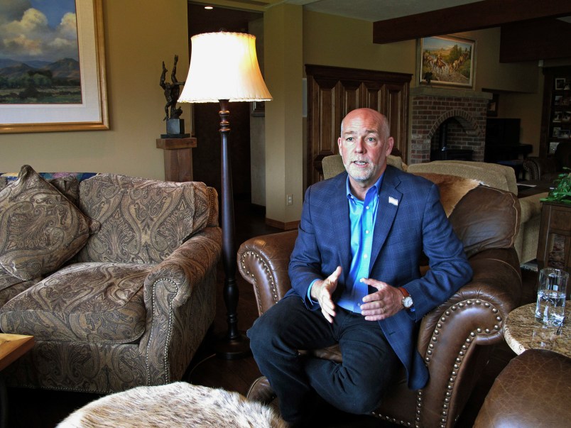 FILE--In this Oct. 5, 2016, file photo, Republican candidate for governor Greg Gianforte answers a reporter's question in his home in Bozeman, Mont. Gianforte is trying to unseat Democratic Gov. Steve Bullock in the Nov. 8 elections. (AP Photo/Matt Volz, file)