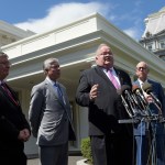 Reps. Billy Long, R-Mo., second from right, speaks to reporters at the White House in Washington, Wednesday, May 3, 2017, following a meeting with President Donald Trump on health care reform. He is joined by, from left, Rep. Michael Burgess, R-Texas, and Rep. Fred Upton, R-Mich., and Rep. Greg Walden, R-Ore. (AP Photo/Susan Walsh)