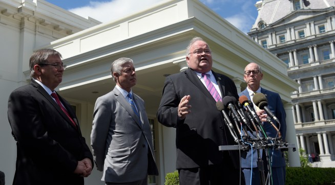Reps. Billy Long, R-Mo., second from right, speaks to reporters at the White House in Washington, Wednesday, May 3, 2017, following a meeting with President Donald Trump on health care reform. He is joined by, from left, Rep. Michael Burgess, R-Texas, and Rep. Fred Upton, R-Mich., and Rep. Greg Walden, R-Ore. (AP Photo/Susan Walsh)