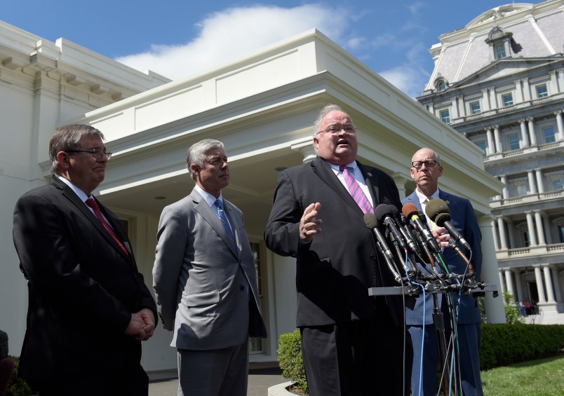 Reps. Billy Long, R-Mo., second from right, speaks to reporters at the White House in Washington, Wednesday, May 3, 2017, following a meeting with President Donald Trump on health care reform. He is joined by, from left, Rep. Michael Burgess, R-Texas, and Rep. Fred Upton, R-Mich., and Rep. Greg Walden, R-Ore. (AP Photo/Susan Walsh)