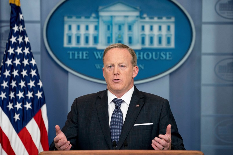White House press secretary Sean Spicer speaks to the media during the daily press briefing at the White House, Tuesday, May 30, 2017, in Washington. Spicer discussed ongoing possible connections to Jared Kushner and Russians, the president's international trip, and other topics. (AP Photo/Andrew Harnik)